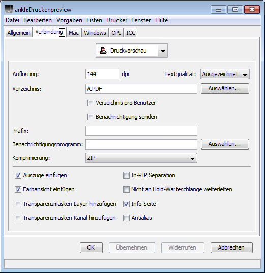 Fenster „Drucker“ – Registerkarte <code>Verbindung</code>