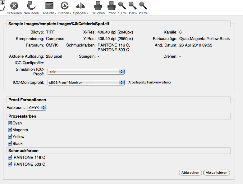 WebShare Abschnitt „Proof-Farboptionen“