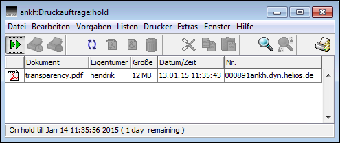 PDF-Druckauftrag in der „Hold“-Warteschlange