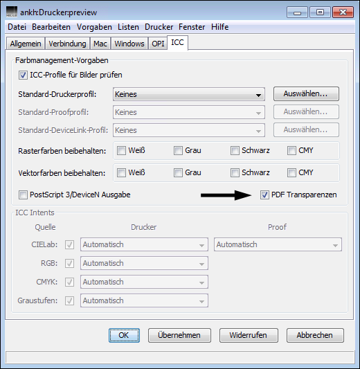 ICC-Einstellungen der Warteschlange <code>Druckvorschau</code>