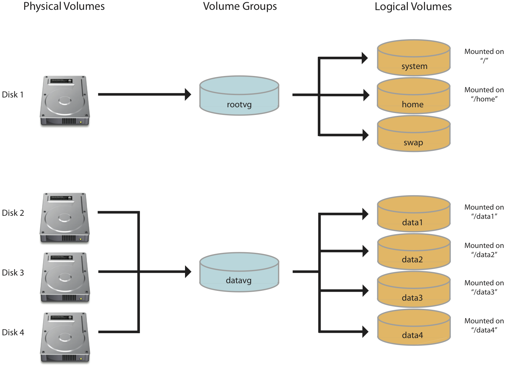 Logical Volume Manager (LVM) with individual disks