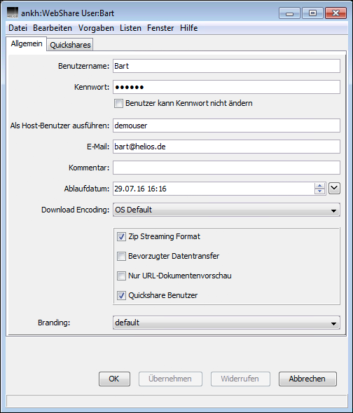 WebShare Benutzer: Registerkarte <code>Allgemein</code>