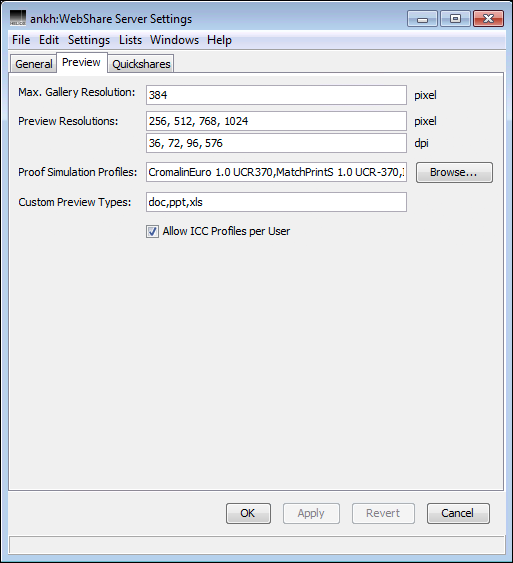 WebShare Server Settings – <code>Preview</code> tab