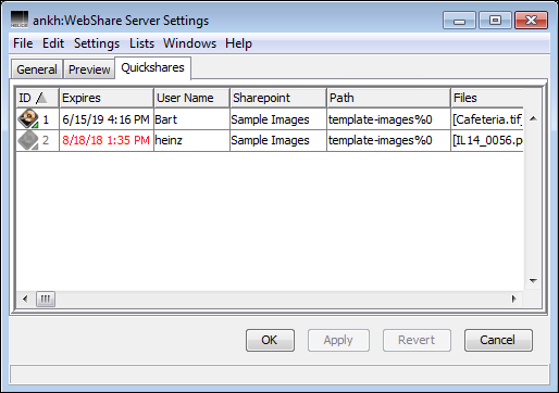 WebShare Server Settings – <code>Quickshares</code> tab