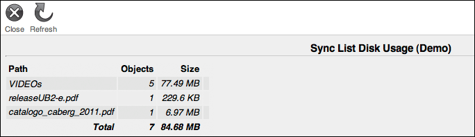 Sync list disk usage
