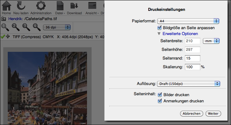 WebShare Preview-/Proof-Druckdialogdialog