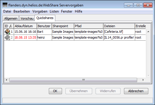 WebShare Servervorgaben – Registerkarte <code>Quickshares</code>