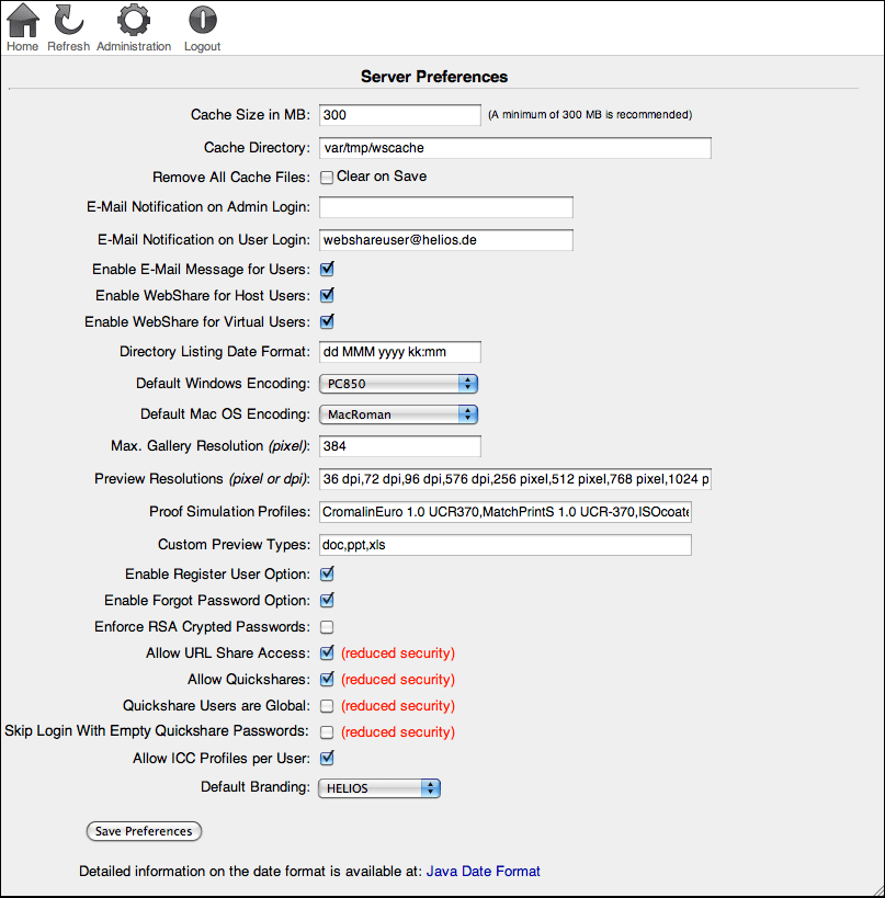 “Server Preferences” page