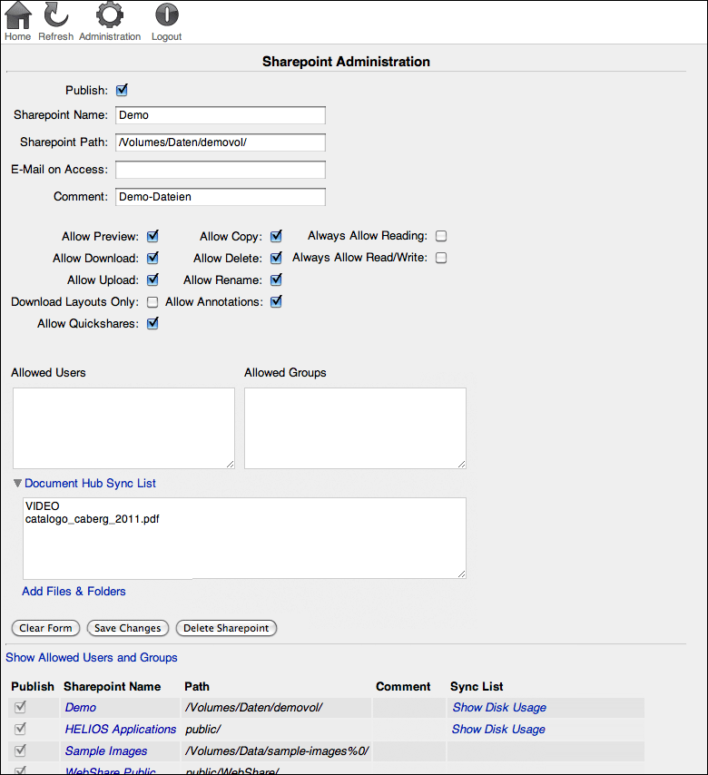 WebShare “Sharepoint Administration” page