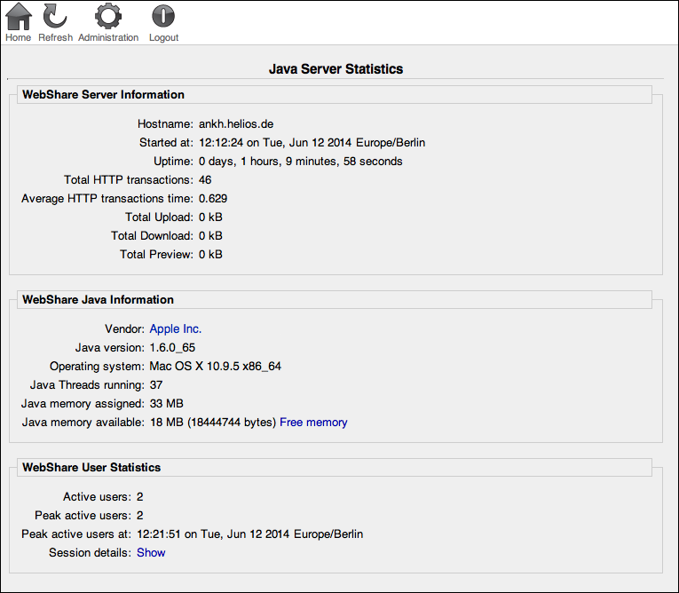WebShare “Java Server Statistics” page