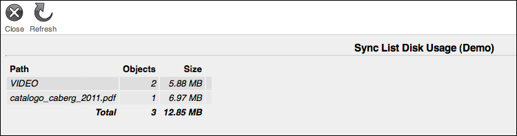 Sync list disk usage