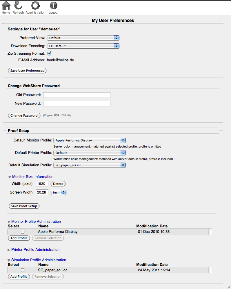 WebShare “My User Preferences” page