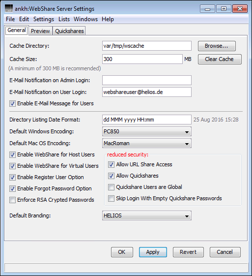 WebShare Server Settings – <code>General</code> tab